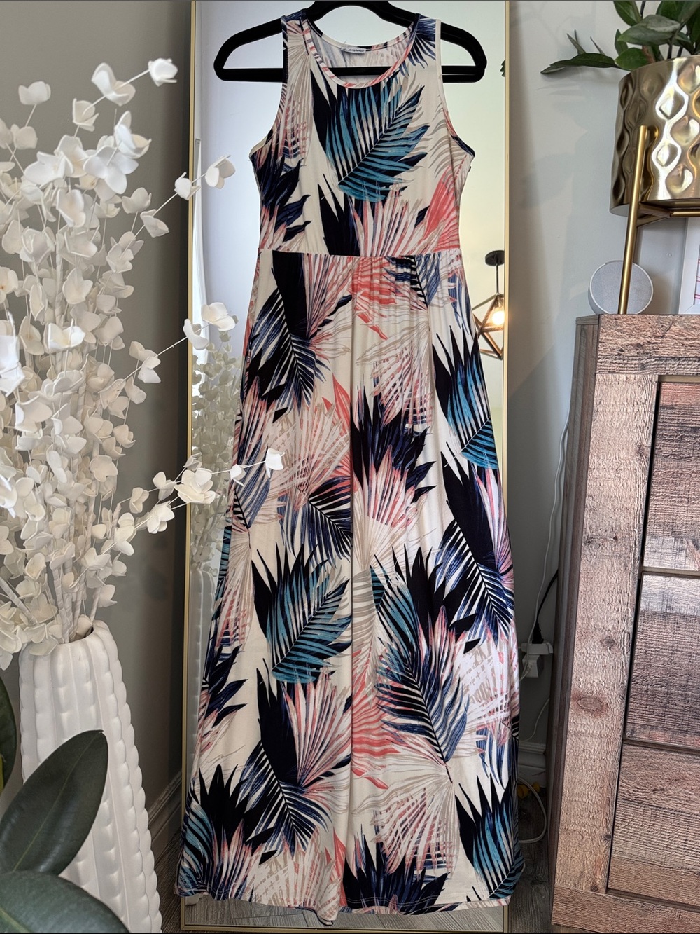 Sleeveless Tropical Leaf Maxi Dress in Cream with Blue & Pink